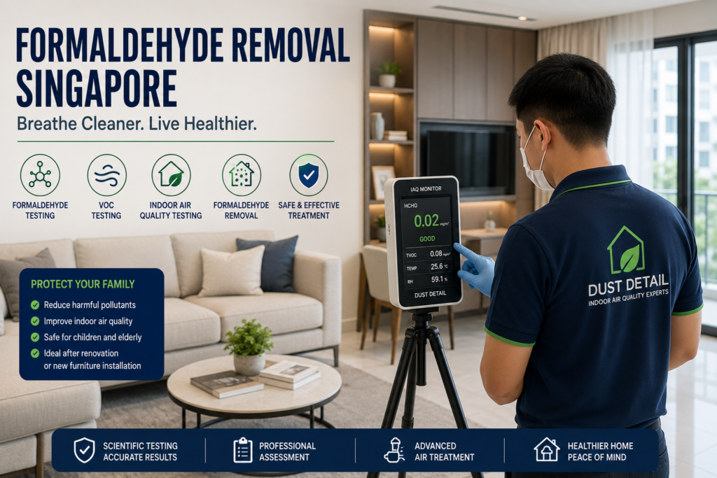 Formaldehyde removal Singapore specialist testing indoor air quality in a newly renovated home.