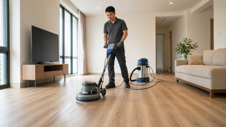 Professional vinyl floor deep cleaning and polishing service in Singapore