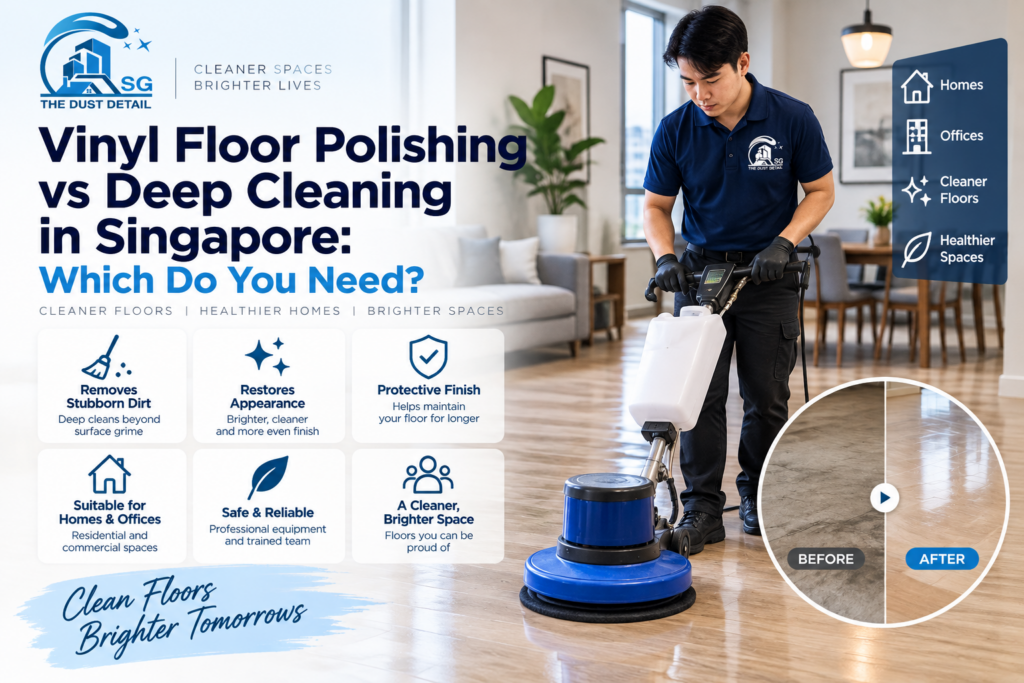 Professional vinyl floor polishing and deep cleaning service restoring a dull floor in Singapore